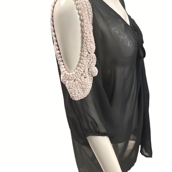 American Dream Black Sheer Cover Up Tunic Crochet Shoulders Lace Detail Size 2X - Picture 4 of 9